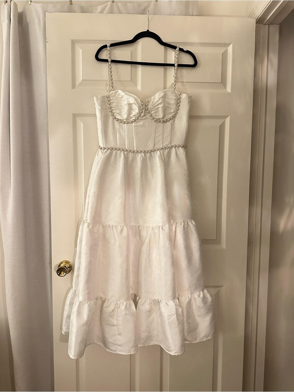 V. Chapman Lorenza White Tiered Midi Dress with Pearl Trim